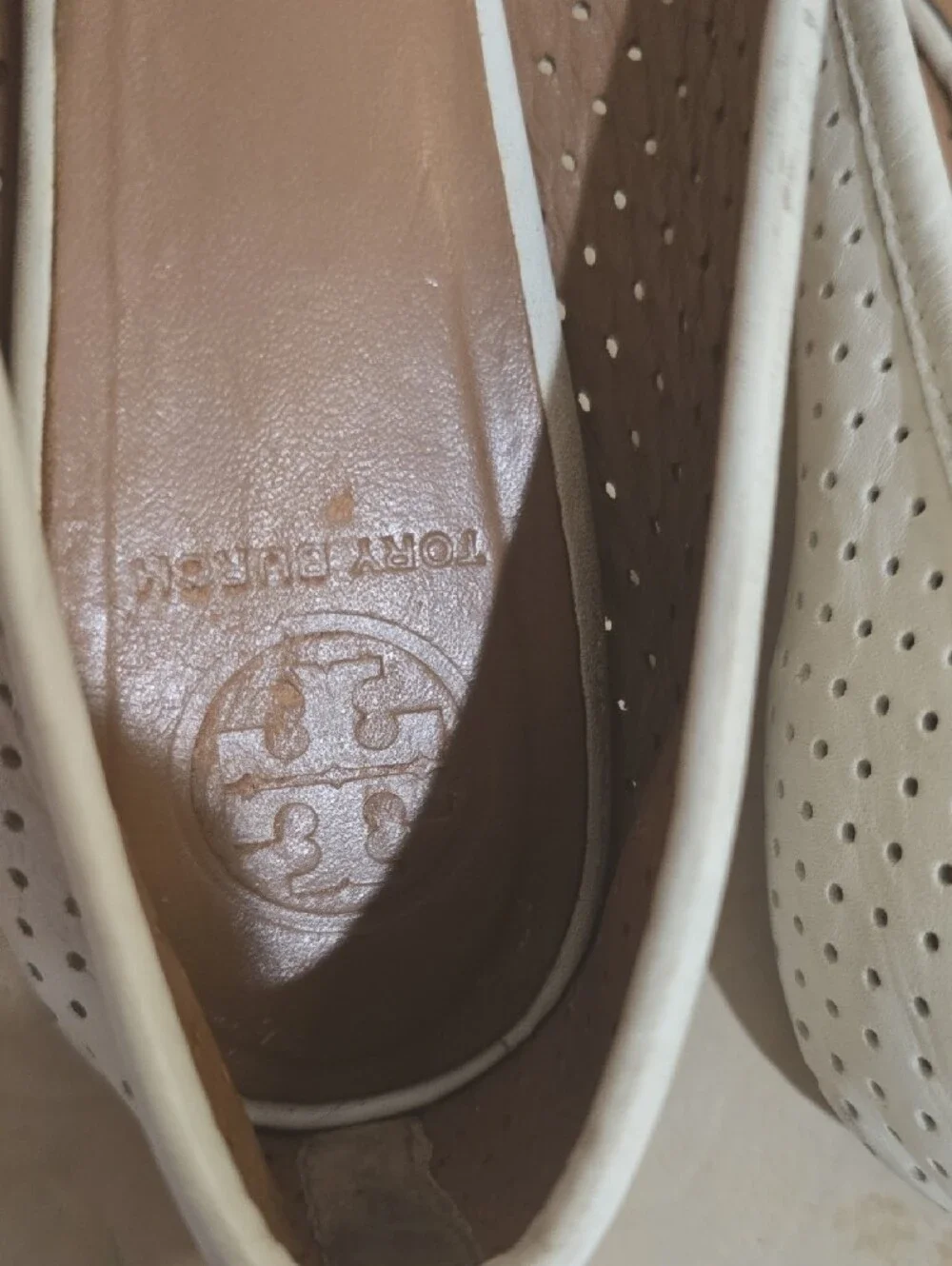 Tory Burch White Perforated Leather Logo Medallion Flats